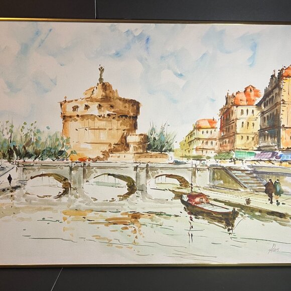 Original Signed Ponte St Angelo Rome Bridge & Castle Framed Watercolor Painting - Picture 2 of 7